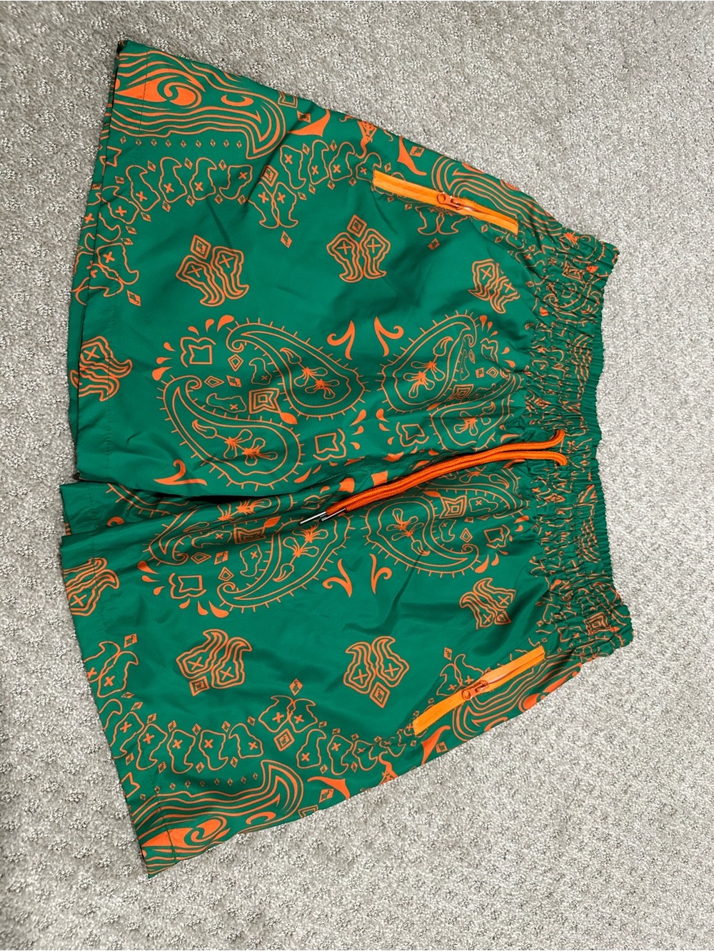 Men's Green Athletic Shorts with Orange Paisley Print